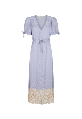 a-light-lavender-midi-dress-with-short-puff-sleeves-a-v-neckline-a-drawstring-waist-and-a-beige-lace-hem-shown-against-a-plain-white-background