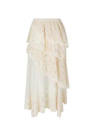 an-off-white-lace-tiered-skirt-with-an-asymmetrical-ruffle-design-displayed-against-a-solid-white-background