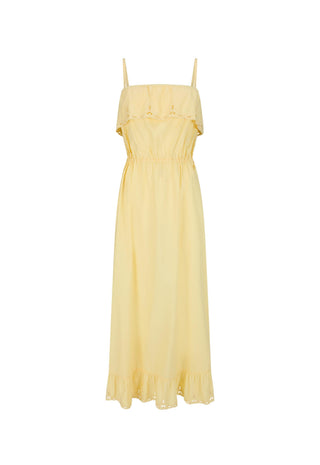 a-pale-yellow-midi-dress-with-thin-spaghetti-straps-a-square-neckline-with-delicate-lace-trim-a-gathered-waist-and-a-ruffled-hem-shown-against-a-plain-white-background