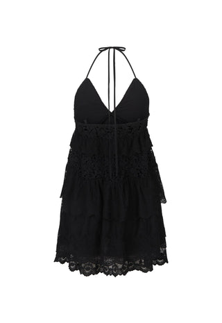 a-black-halter-neck-mini-dress-with-a-tiered-ruffle-skirt-and-lace-trim-shown-against-a-plain-white-background
