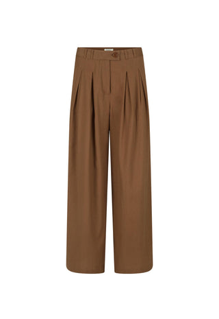 a-pair-of-high-waisted-wide-leg-cropped-trousers-in-a-solid-medium-brown-color-featuring-pleated-detailing-down-the-front-of-the-legs-shown-against-a-plain-white-background