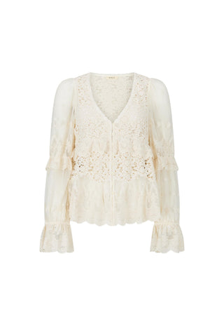 an-off-white-lace-long-sleeve-blouse-with-a-v-neckline-ruffled-details-and-a-scalloped-hem-shown-against-a-plain-white-background