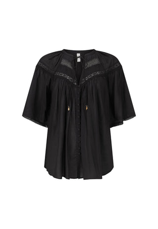 a-black-short-sleeve-blouse-with-a-gathered-pleated-front-lace-trim-details-at-the-shoulders-and-small-gold-toned-decorative-accents-shown-against-a-plain-white-background