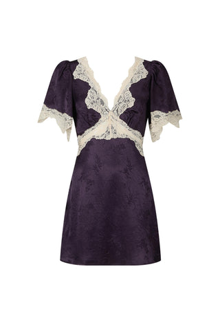 a-dark-purple-mini-dress-with-a-textured-jacquard-fabric-featuring-cream-lace-trim-along-the-v-neckline-waist-and-short-puff-sleeves