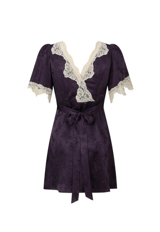 a-dark-purple-short-sleeve-mini-dress-with-cream-lace-trim-along-the-v-neckline-and-sleeve-cuffs-featuring-a-matching-fabric-tie-belt-at-the-waist