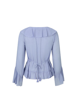a-light-blue-long-sleeve-blouse-shown-from-the-back-featuring-a-ruffled-collar-flared-bell-sleeves-and-a-drawstring-tie-at-the-waist-set-against-a-plain-white-background