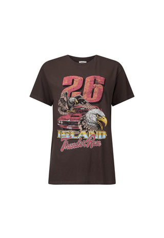 a-dark-brown-short-sleeve-graphic-t-shirt-featuring-a-distressed-red-26-and-an-eagle-design-with-the-text-island-thunder-racing-on-the-front-displayed-against-a-solid-white-background