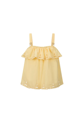 a-pale-yellow-eyelet-lace-top-with-double-shoulder-straps-and-a-ruffled-neckline-displayed-against-a-solid-white-background