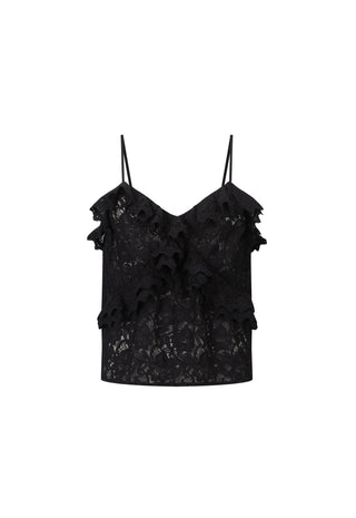 a-black-lace-camisole-top-with-thin-spaghetti-straps-and-layered-ruffle-details-shown-against-a-plain-white-background
