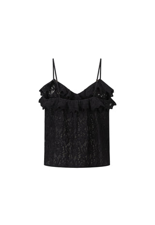 a-black-lace-camisole-top-with-thin-spaghetti-straps-and-a-ruffled-trim-along-the-neckline-displayed-against-a-solid-white-background