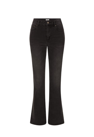 Black high-waisted flare jeans shown on a clean white background.