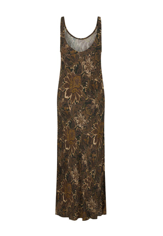 a-sleeveless-floor-length-slip-dress-with-a-brown-and-gold-floral-pattern-shown-against-a-plain-white-background