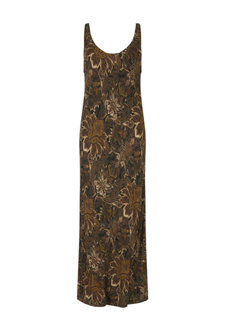 a-sleeveless-floor-length-maxi-dress-with-a-brown-black-and-beige-botanical-floral-pattern-shown-against-a-plain-white-background