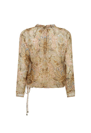 a-long-sleeve-blouse-with-a-beige-and-brown-paisley-pattern-featuring-a-drawstring-waist-and-a-gathered-high-neck-shown-against-a-plain-white-background