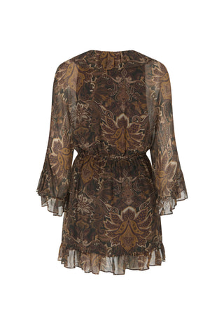 a-brown-and-beige-patterned-sheer-mesh-mini-dress-with-long-flared-sleeves-and-a-ruffled-hem-shown-against-a-plain-white-background