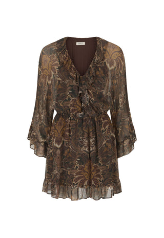 a-brown-and-beige-patterned-long-sleeve-blouse-with-a-v-neckline-ruffled-cuffs-and-a-matching-fabric-tie-belt-at-the-waist-shown-against-a-plain-white-background