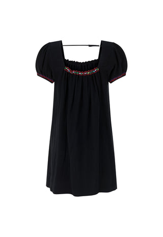a-black-short-sleeve-dress-with-puff-sleeves-and-a-smocked-bodice-featuring-a-colorful-embroidered-band-around-the-neckline-shown-against-a-plain-white-background