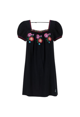 a-black-short-sleeve-dress-with-puff-sleeves-and-colorful-floral-embroidery-across-the-smocked-neckline-shown-on-a-plain-white-background