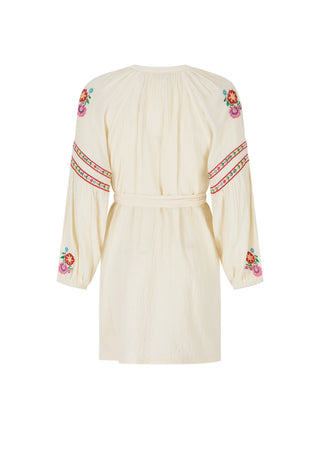 an-off-white-long-sleeve-mini-dress-with-colorful-floral-and-geometric-embroidery-on-the-sleeves-and-neckline-shown-against-a-plain-white-background