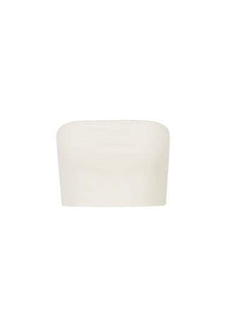 A minimalist, strapless off-white tube top with a soft, rounded rectangular silhouette, shown against a solid white background.