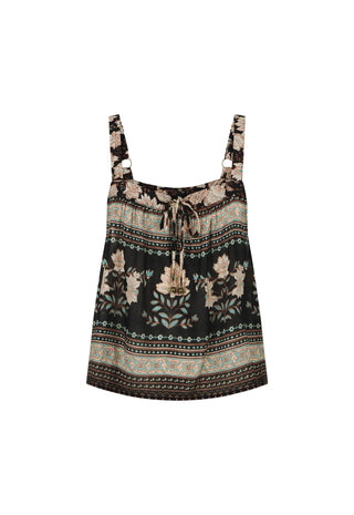 a-sleeveless-tie-front-top-with-a-black-base-and-a-beige-floral-and-geometric-pattern-shown-against-a-plain-white-background