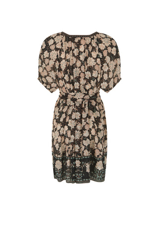 a-short-sleeved-knee-length-dress-with-a-dark-brown-and-beige-floral-pattern-featuring-a-tie-waist-and-a-lace-hem-shown-against-a-plain-white-background