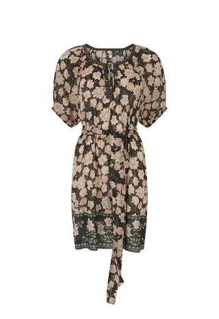 a-short-sleeved-floral-dress-with-puff-sleeves-a-tie-neckline-and-a-matching-waist-tie-featuring-a-beige-and-green-floral-pattern-on-a-black-background