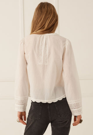 A woman viewed from the back wearing a cream-colored long-sleeve blouse with lace detailing on the back neckline and cuffs, paired with dark gray jeans.