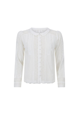 An off-white long-sleeve blouse with intricate lace and embroidery details, featuring a Peter Pan collar and a button-down front, shown against a plain white background.