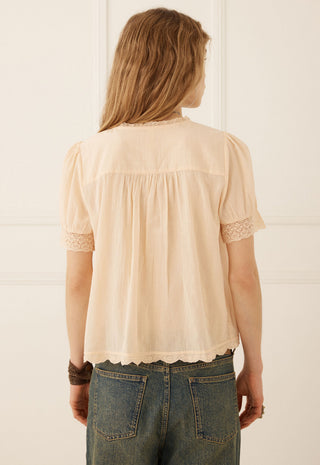 a-woman-viewed-from-behind-wearing-a-light-beige-short-sleeve-blouse-with-lace-trim-at-the-cuffs-and-a-scalloped-hem-paired-with-blue-jeans-against-a-white-paneled-wall