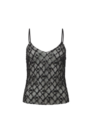 A woman wearing a black lace camisole top with sheer mesh panels