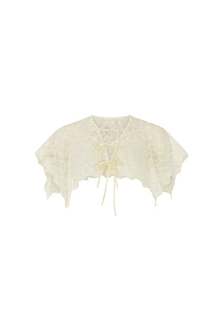 an-ivory-lace-bolero-capelet-with-a-lace-up-front-and-ruffled-edges-displayed-flat-against-a-solid-white-background