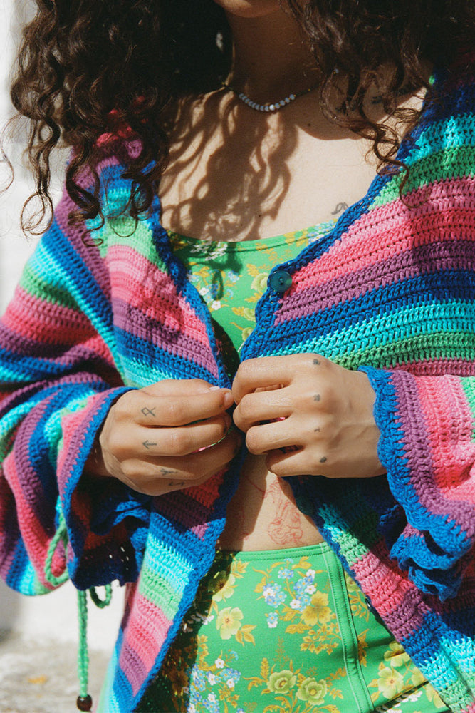 Pastel Rainbow Striped Cardigan - Crochet Long Sleeve Colourful
