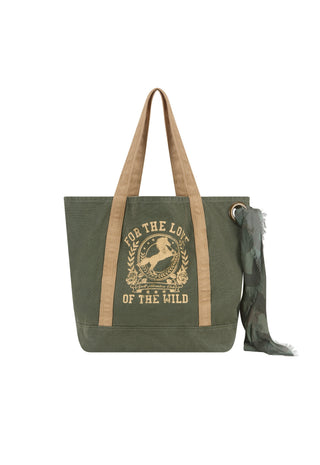 an-olive-green-canvas-tote-bag-with-tan-shoulder-straps-and-a-matching-olive-green-scarf-featuring-a-tan-graphic-print-on-the-front-with-the-text-for-the-love-of-the-wild