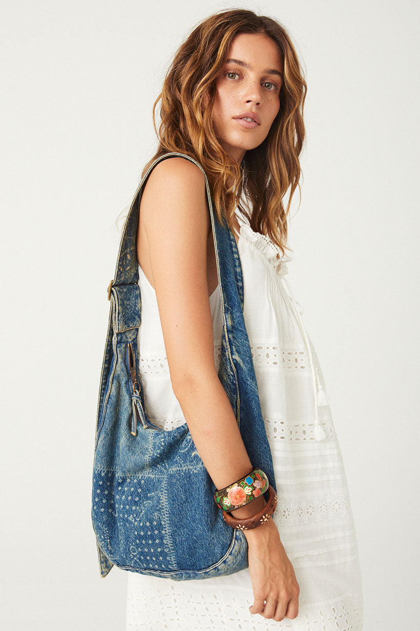 Free People Studded & Washed Denim Hobo Bag newest