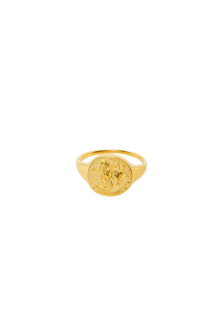 front-image-of-spell-s-aquarius-stargazer-zodiac-ring-the-hand-crafted-ring-comes-in-22k-gold-vermeil-and-features-an-embossed-artwork-of-the-zodiac-sign