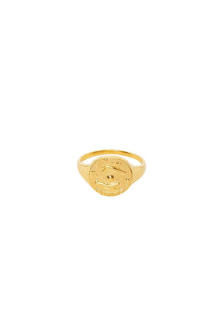 front-image-of-spell-s-gemini-stargazer-zodiac-ring-the-hand-crafted-ring-comes-in-22k-gold-vermeil-and-features-an-embossed-artwork-of-the-zodiac-sign