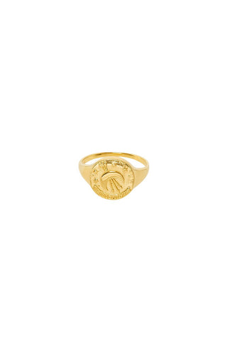 front-image-of-spell-s-sagittarius-stargazer-zodiac-ring-the-hand-crafted-ring-comes-in-22k-gold-vermeil-and-features-an-embossed-artwork-of-the-zodiac-sign