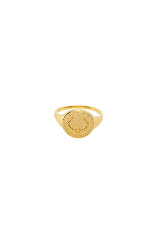 front-image-of-spell-s-taurus-stargazer-zodiac-ring-the-hand-crafted-ring-comes-in-22k-gold-vermeil-and-features-an-embossed-artwork-of-the-zodiac-sign